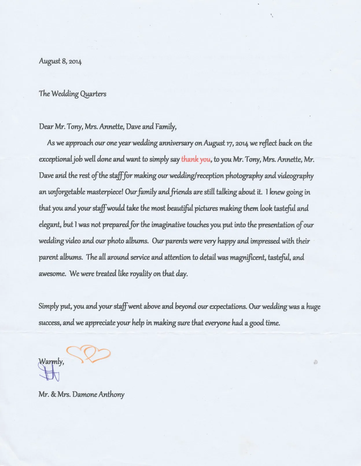 Scan of the thank you letter from Mr. and Mrs. Damone Anthony